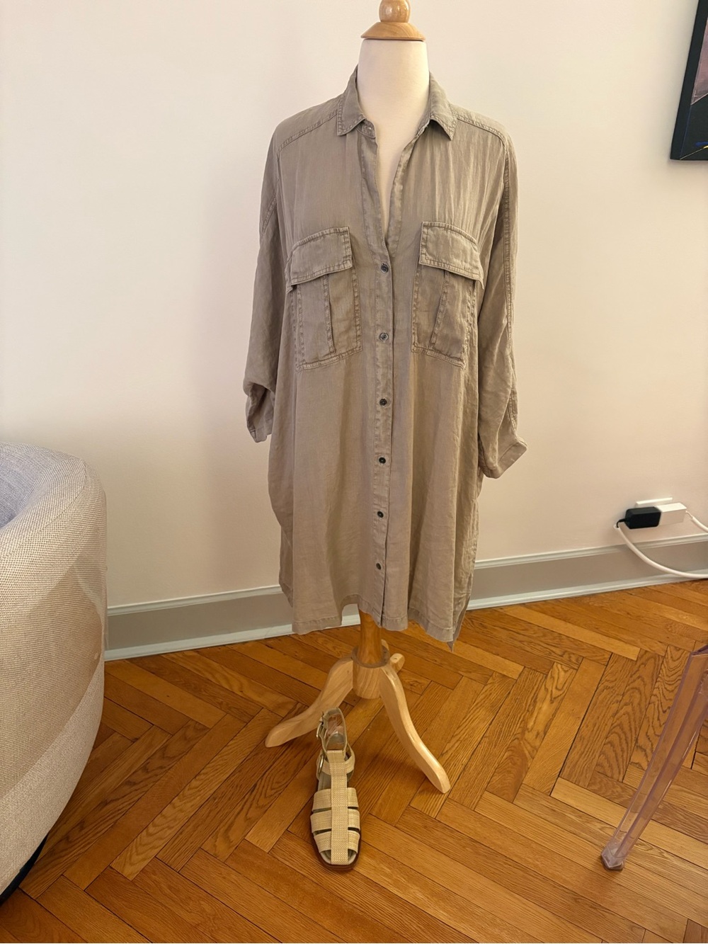JAMES PERSE NWT  $ 250 now $65 Lightweight Oversized Button-Up taupe hi-"
low